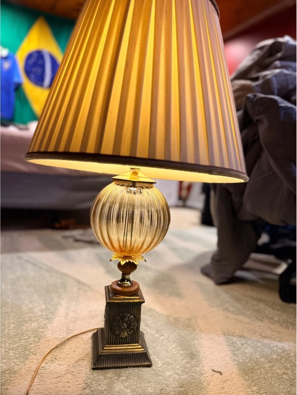 Vintage Decorative Table Lamp with Ribbed Glass Globe and Ornate Base